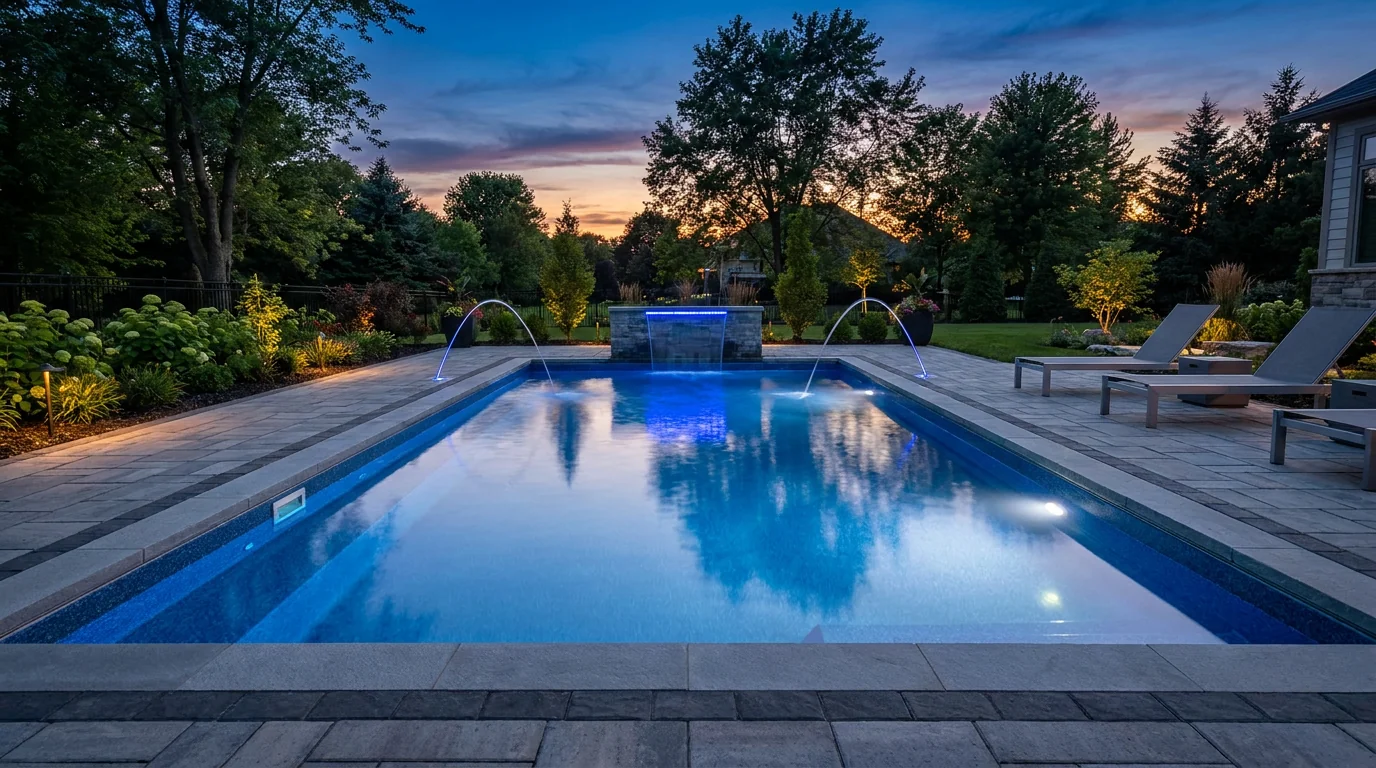An inground fiberglass pool at dusk with lit deck jets and a glowing sheer descent water feature in an Ohio backyard