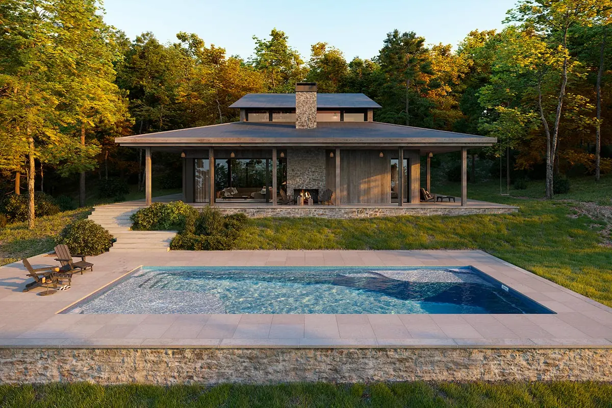 Ariel 16 rectangle fiberglass pool installation, view 1