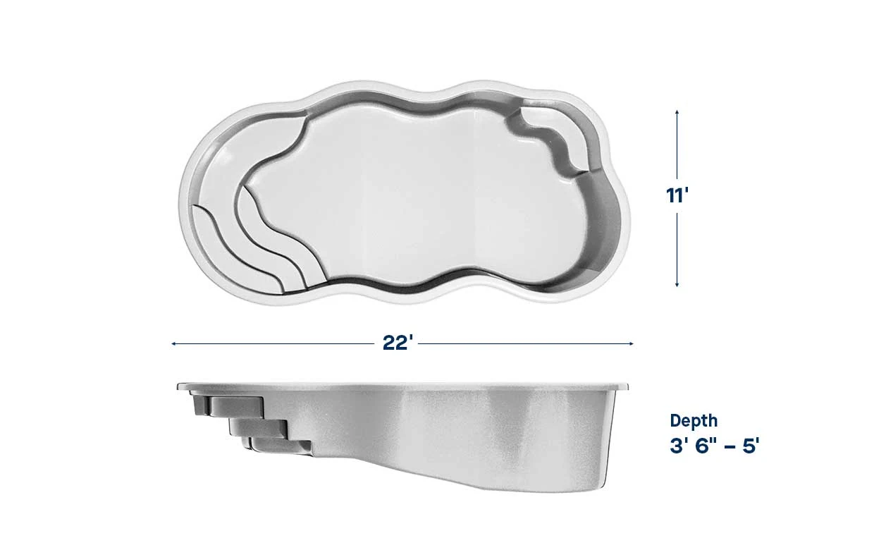 Aruba pool dimensions: 22 ft long, 11 ft wide, depth 3′6″ – 5′