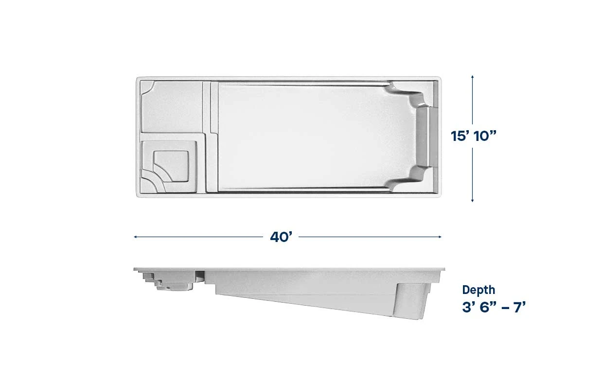 Astoria 16 pool dimensions: 40 ft long, 16 ft wide, depth 3′6″ – 7′