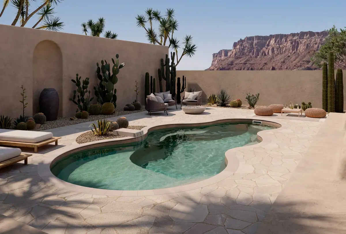 Axiom 12 freeform fiberglass pool installation, view 1