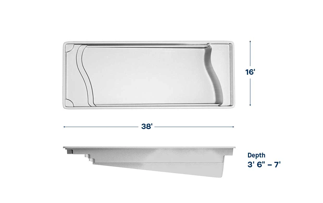 Barcelona pool dimensions: 38 ft long, 16 ft wide, depth 3′6″ – 7′