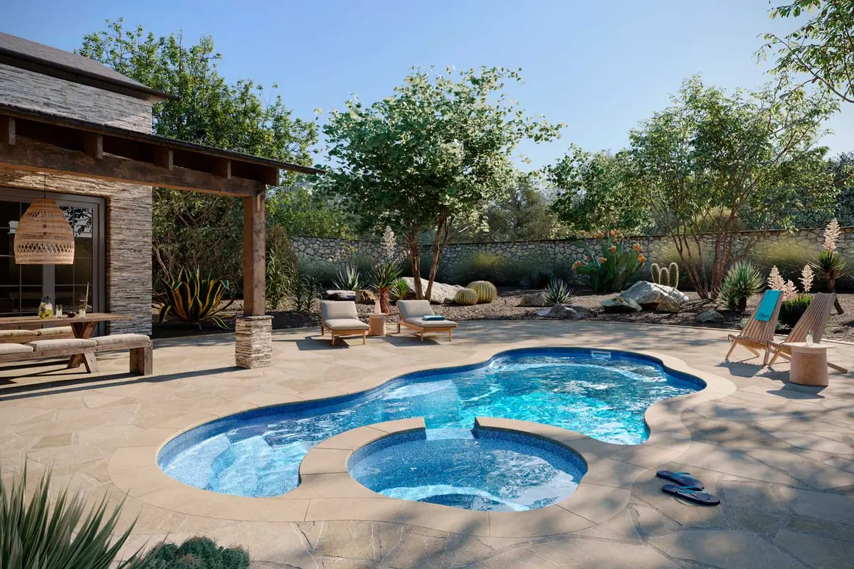 Bermuda 14 Deluxe freeform fiberglass pool installation, view 1