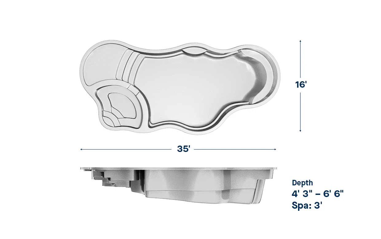 Bermuda 16.35 Deluxe pool dimensions: 35 ft long, 16 ft wide, depth 4′3″ – 6′6″