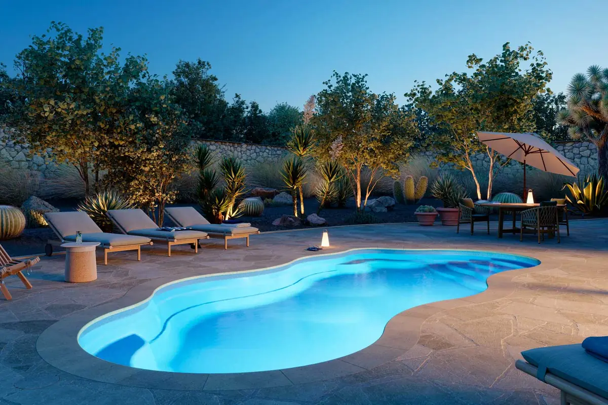 Bermuda 16.35 freeform fiberglass pool installation, view 2