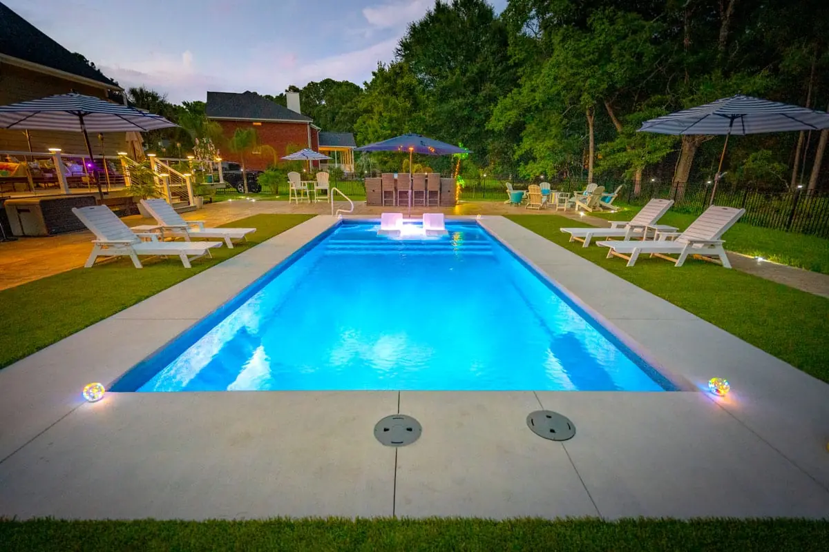 Corinthian 12 rectangle fiberglass pool installation, view 1