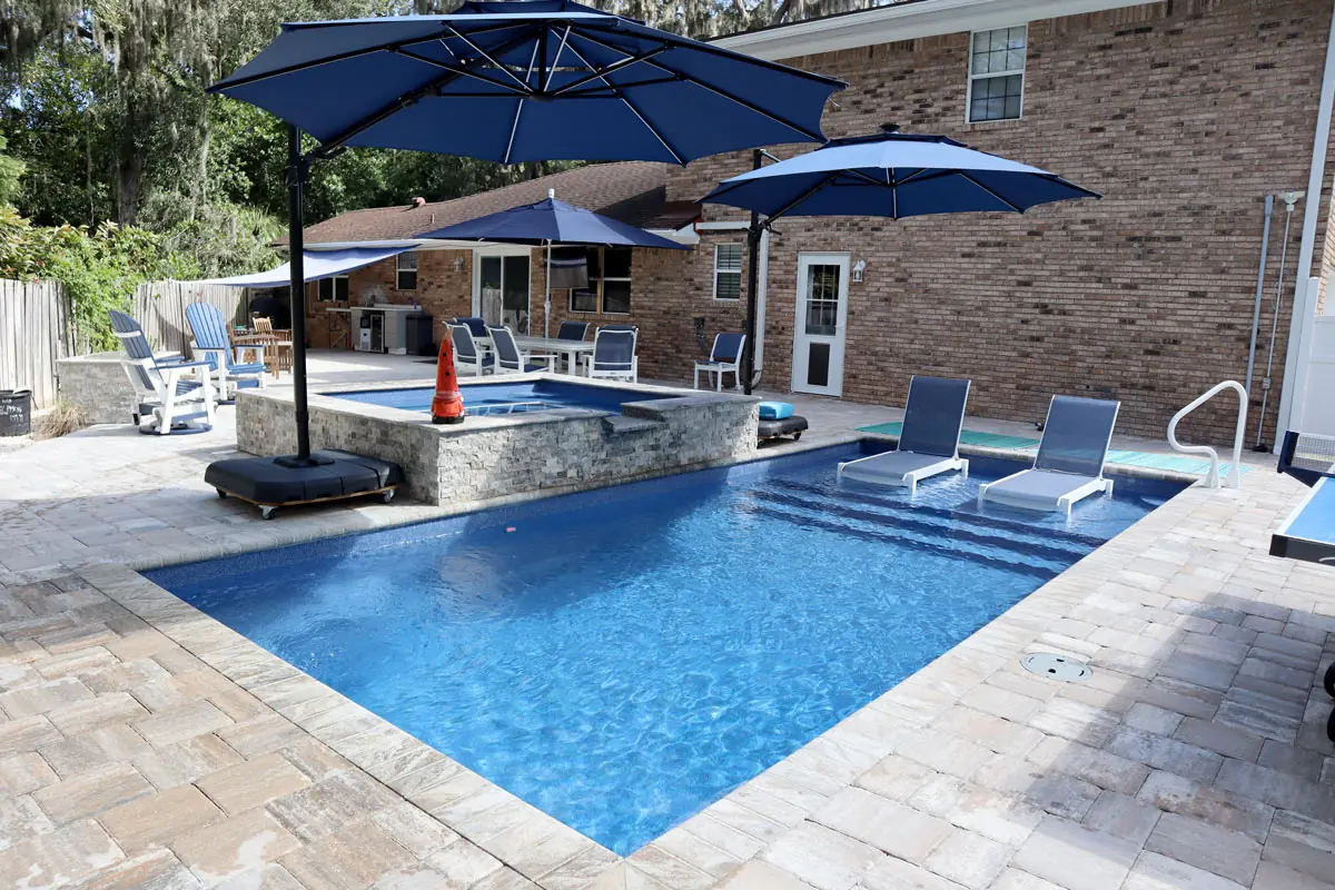 Corinthian 14 rectangle fiberglass pool installation, view 2