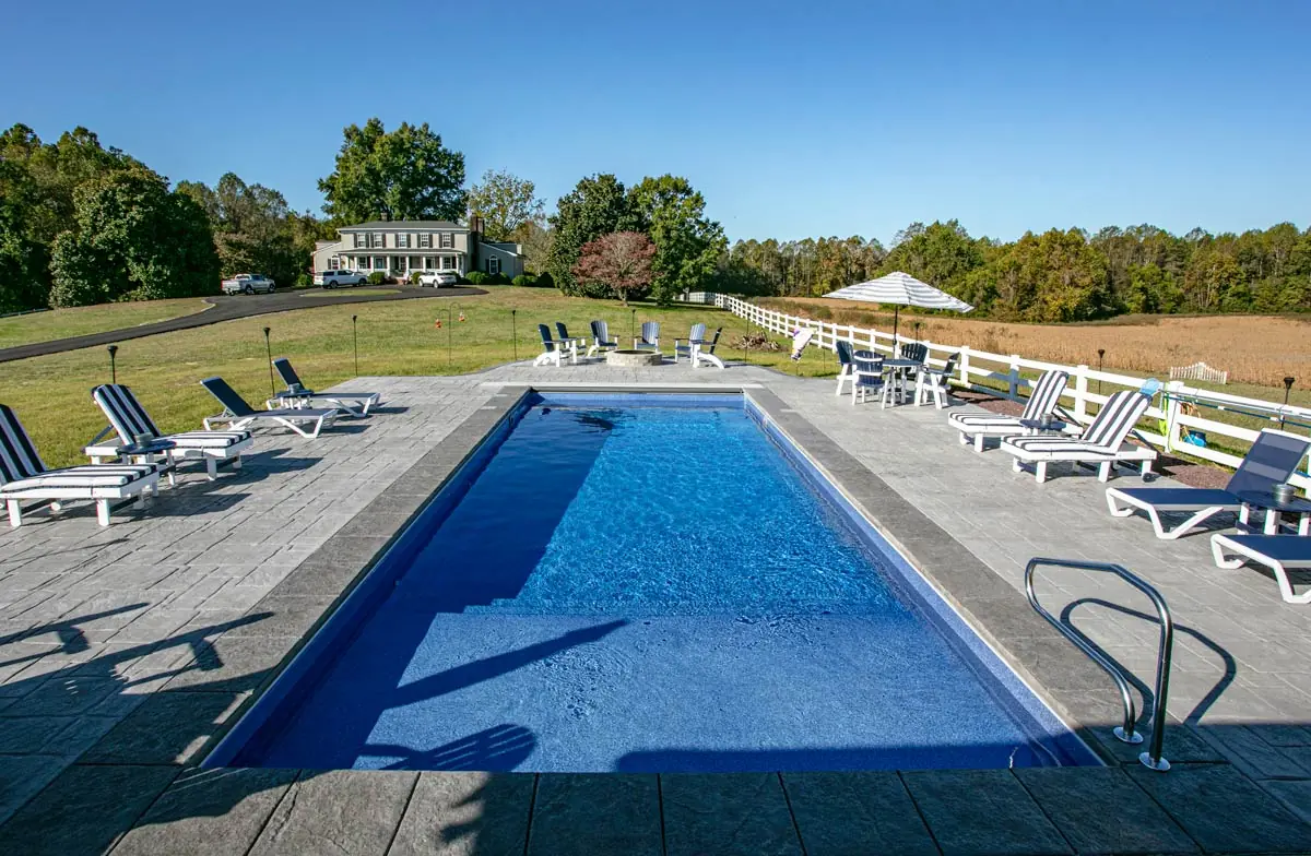 Corinthian 16 rectangle fiberglass pool installation, view 2
