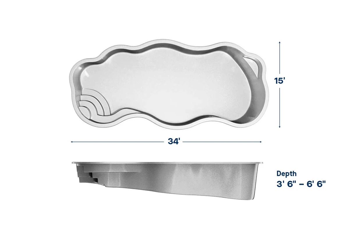 Coronado pool dimensions: 34 ft long, 15 ft wide, depth 3′6″ – 6′6″