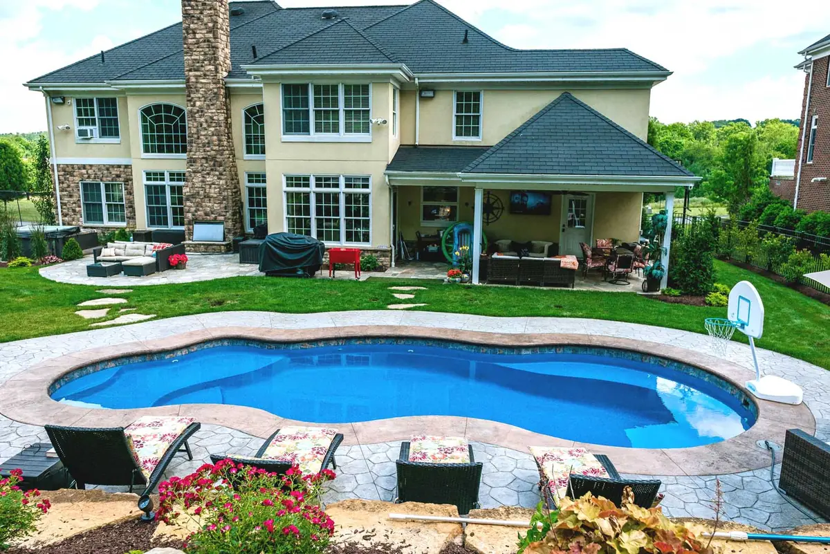 Fiji freeform fiberglass pool installation, view 1