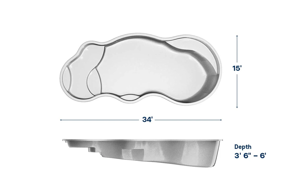 Fiji pool dimensions: 34 ft long, 15 ft wide, depth 3′6″ – 6′