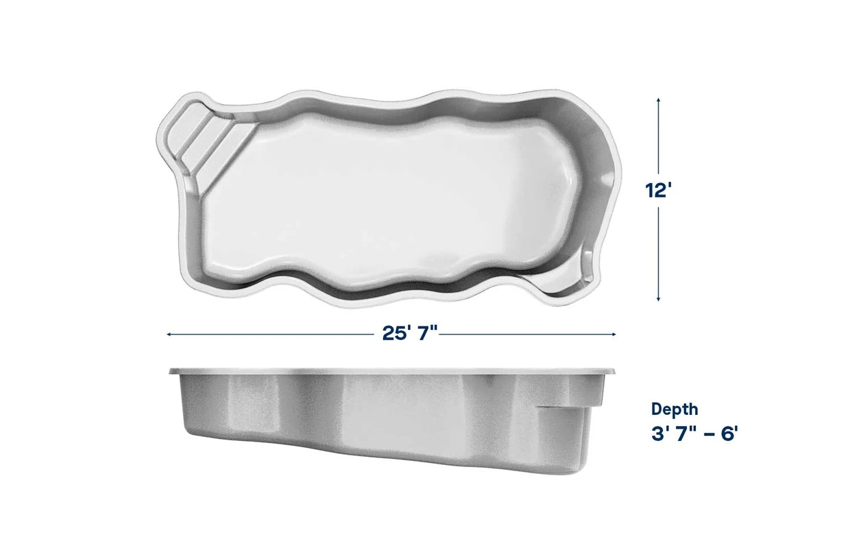 Key West pool dimensions: 26 ft long, 12 ft wide, depth 3′7″ – 6′