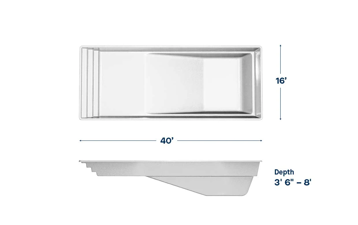 Monaco pool dimensions: 40 ft long, 16 ft wide, depth 3′6″ – 8′