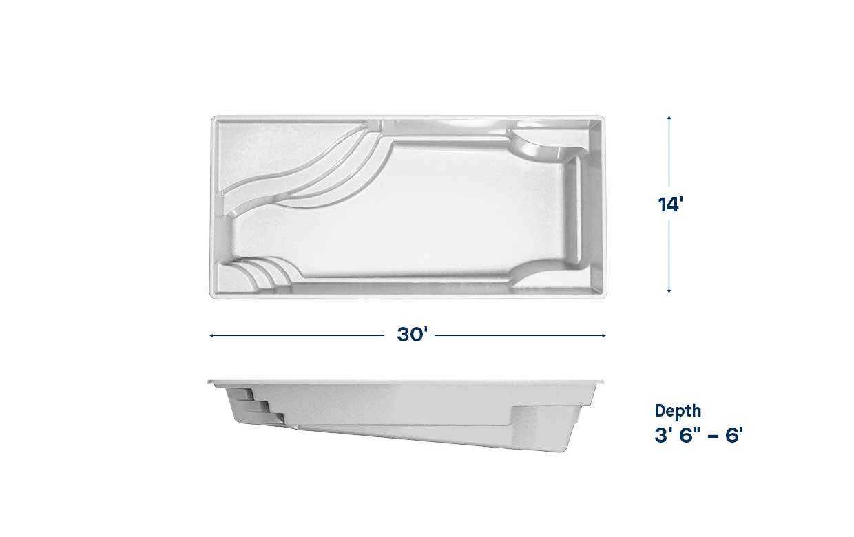 Olympia 14 pool dimensions: 30 ft long, 14 ft wide, depth 3′6″ – 6′