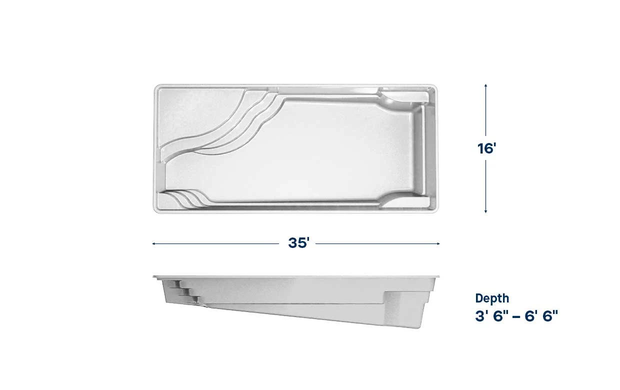 Olympia 16 pool dimensions: 36 ft long, 16 ft wide, depth 3′6″ – 6′6″