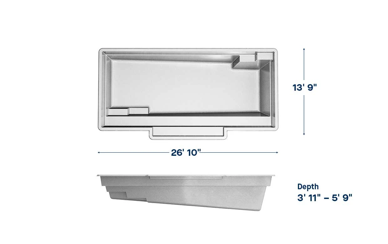 Tuscan 14.27 pool dimensions: 27 ft long, 14 ft wide, depth 3′11″ – 5′9″