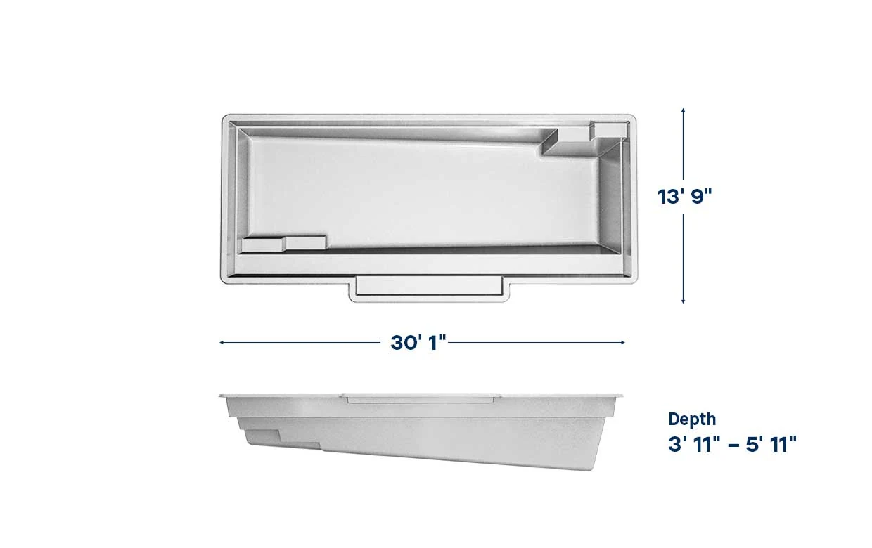 Tuscan 14.30 pool dimensions: 30 ft long, 14 ft wide, depth 3′11″ – 5′11″