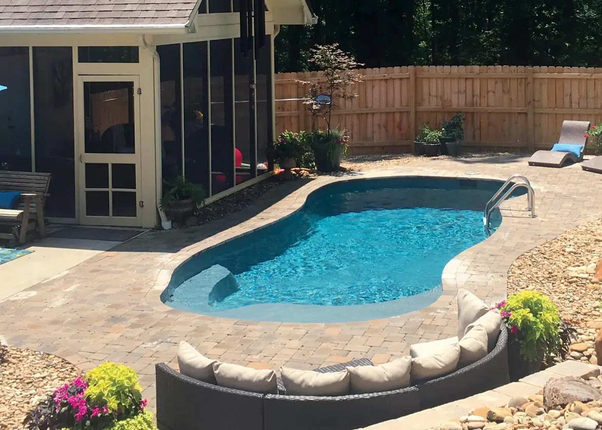 Vista Isle freeform fiberglass pool installation, view 1