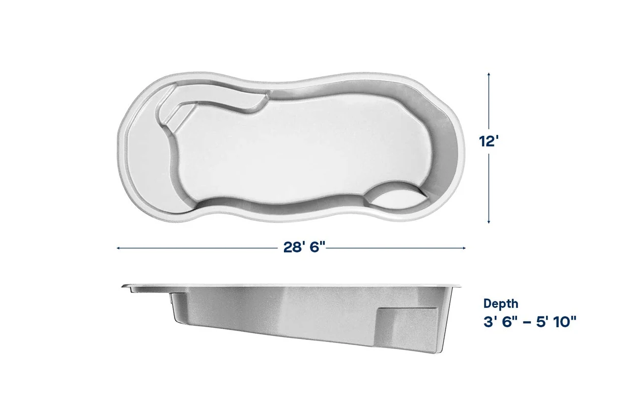Vista Isle pool dimensions: 28 ft long, 12 ft wide, depth 3′6″ – 5′10″