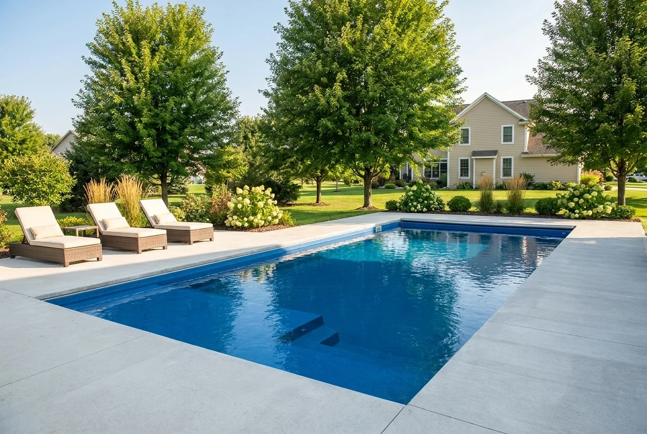A family pools fiberglass pool installed in a landscaped Ohio backyard