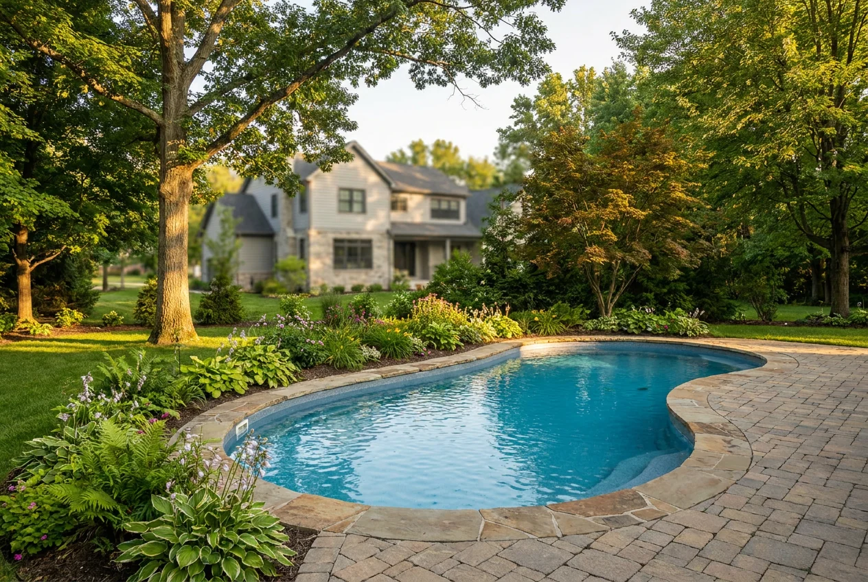 A freeform pools fiberglass pool installed in a landscaped Ohio backyard