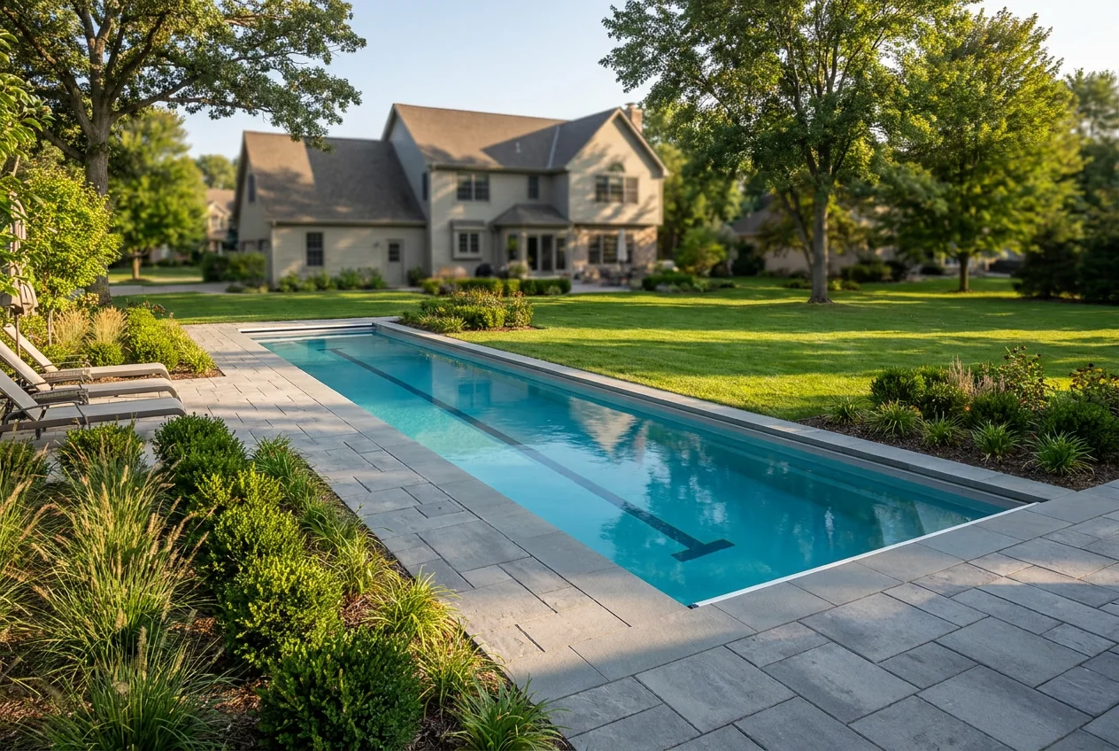 A lap pools fiberglass pool installed in a landscaped Ohio backyard