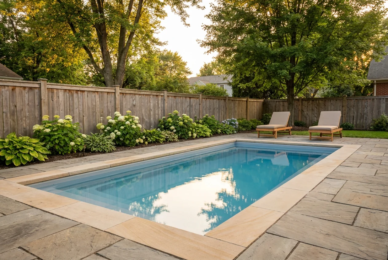 A plunge & compact pools fiberglass pool installed in a landscaped Ohio backyard