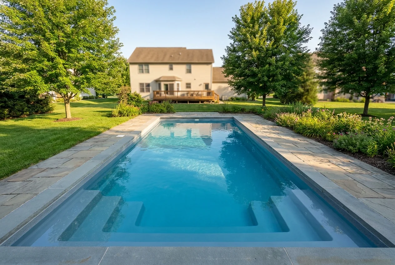 A rectangle pools fiberglass pool installed in a landscaped Ohio backyard