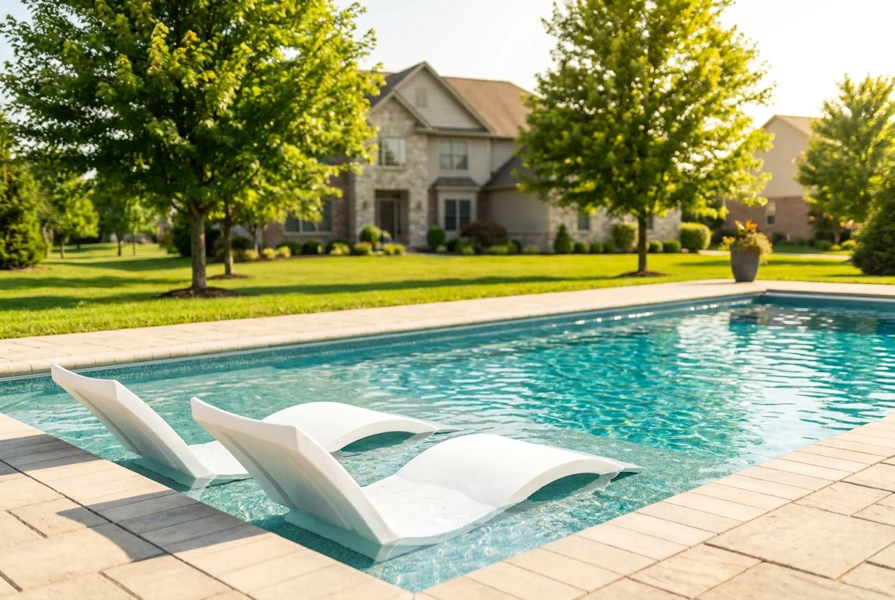 A tanning ledge pools fiberglass pool installed in a landscaped Ohio backyard