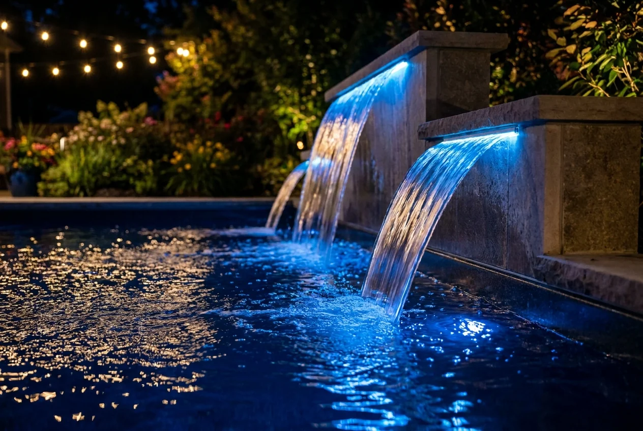 Blue LED-lit sheer descent water features spilling into a fiberglass pool at night